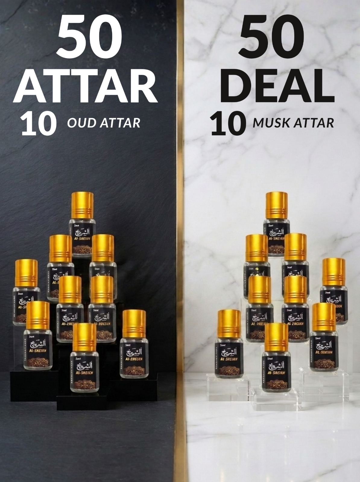 50-50 deal. 10 oud attar 10 musk attars